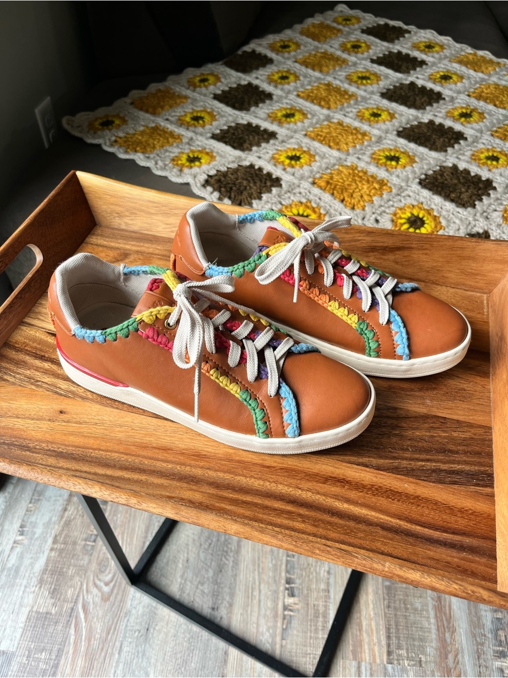 Coach Orange Leather Sneakers with Multicolor Crochet Trim - Picture 4 of 7
